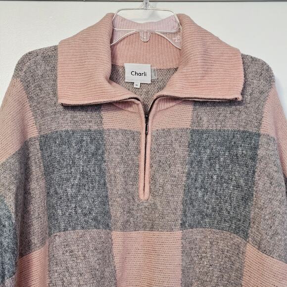 Cozy Anthropologie Poncho Sweater Open Sides - Pink & Gray Colorblock Plaid M/L - Picture 4 of 10
